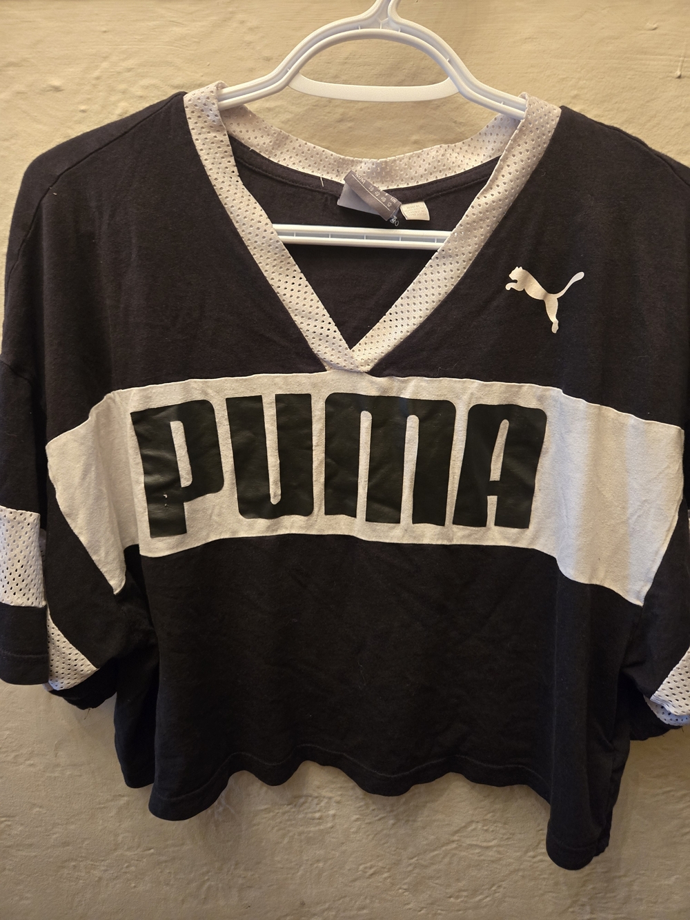 Y2K Puma Cropped Jersey Tee Black White Sporty Streetwear Oversized Boxy Top - Picture 3 of 11